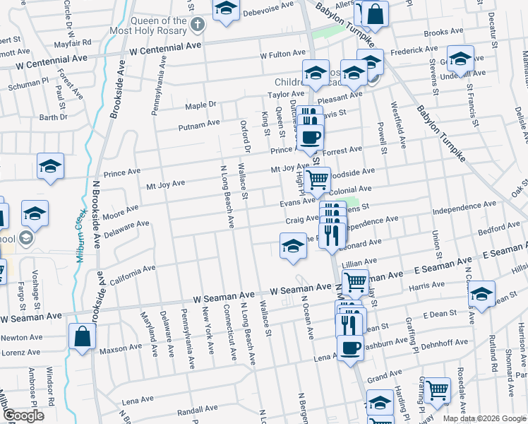 map of restaurants, bars, coffee shops, grocery stores, and more near 96 Craig Avenue in Freeport
