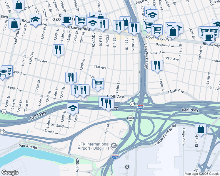 map of restaurants, bars, coffee shops, grocery stores, and more near 133-07 135th Avenue in Queens