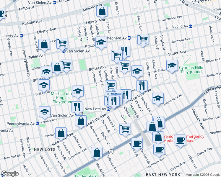 map of restaurants, bars, coffee shops, grocery stores, and more near 937 Dumont Avenue in Brooklyn