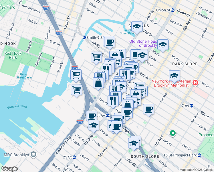 map of restaurants, bars, coffee shops, grocery stores, and more near in Brooklyn