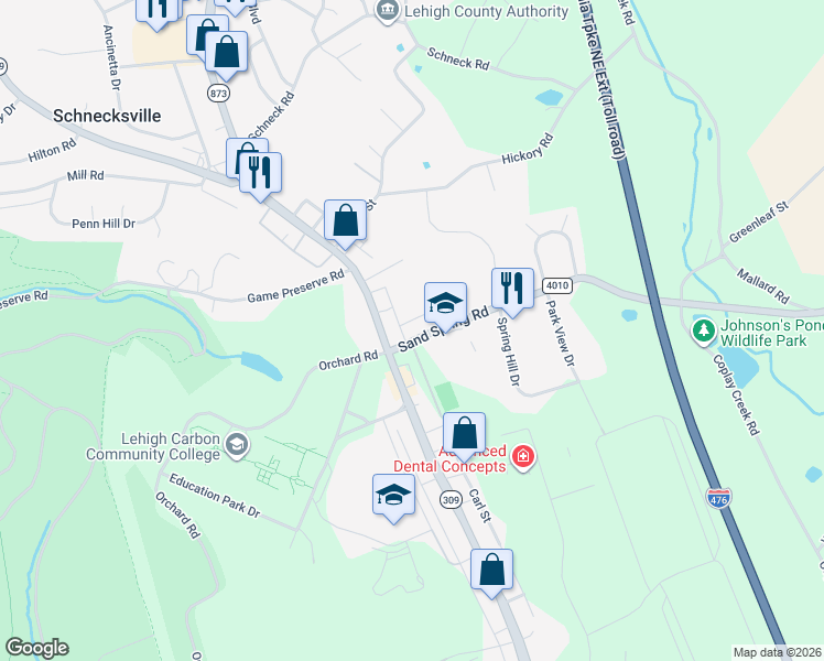 map of restaurants, bars, coffee shops, grocery stores, and more near 4342 Sand Spring Road in Schnecksville