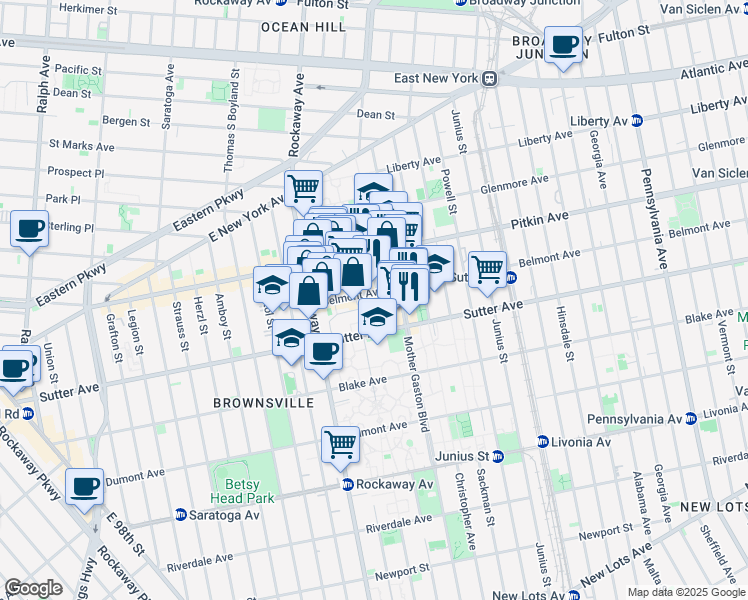 map of restaurants, bars, coffee shops, grocery stores, and more near 315 Sutter Avenue in Brooklyn