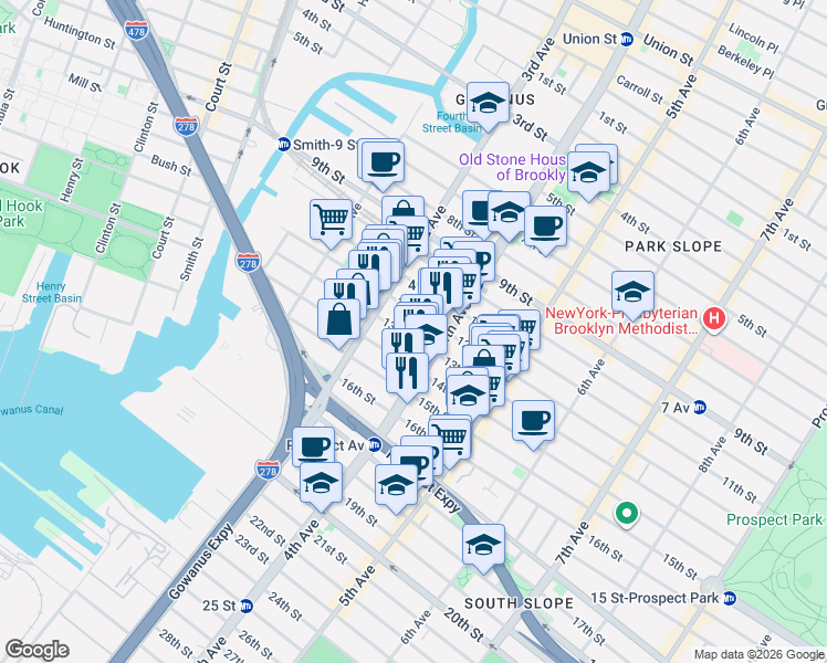 map of restaurants, bars, coffee shops, grocery stores, and more near 163 14th Street in Brooklyn