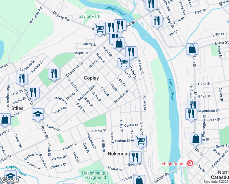 map of restaurants, bars, coffee shops, grocery stores, and more near 141 South 6th Street in Coplay