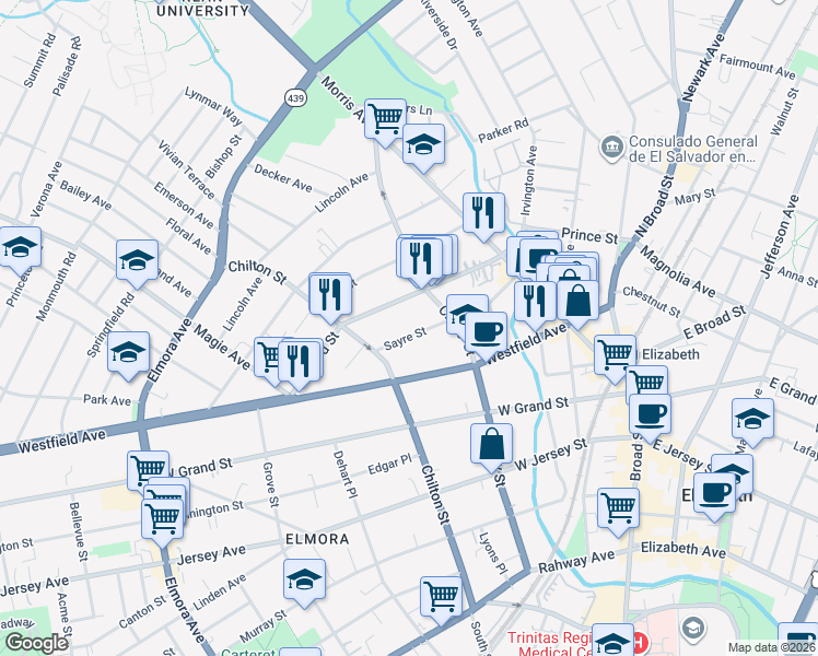 map of restaurants, bars, coffee shops, grocery stores, and more near 158 Sayre Street in Elizabeth