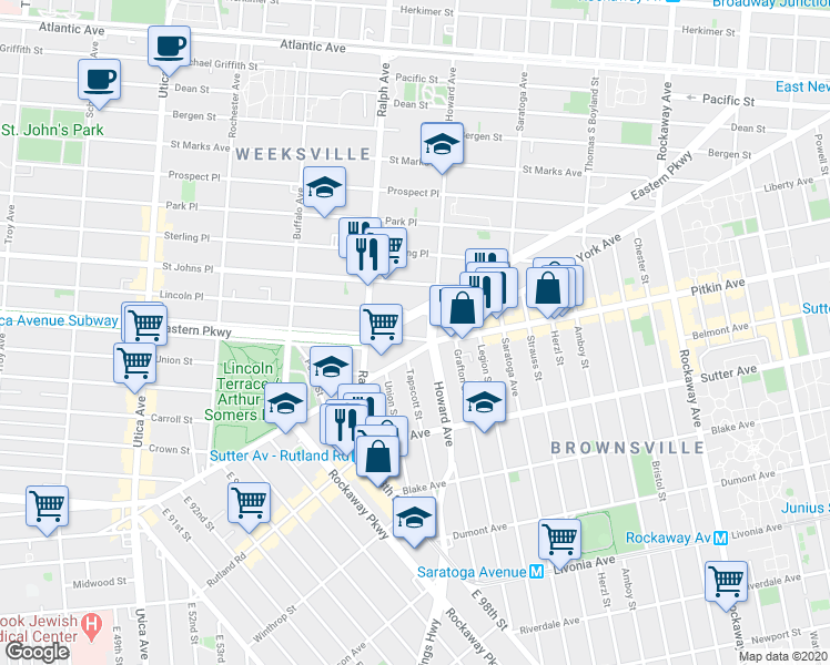 map of restaurants, bars, coffee shops, grocery stores, and more near 1429 Pitkin Avenue in Brooklyn