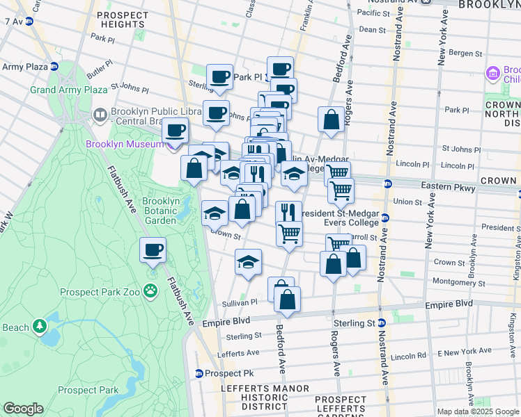 map of restaurants, bars, coffee shops, grocery stores, and more near 1010 President Street in Brooklyn