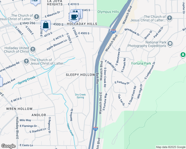 map of restaurants, bars, coffee shops, grocery stores, and more near 4684 Stratton Drive East in Holladay
