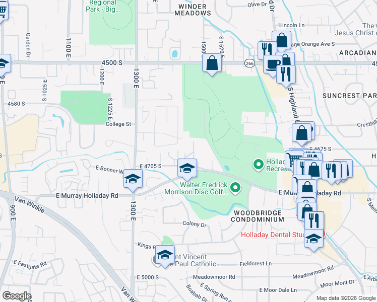 map of restaurants, bars, coffee shops, grocery stores, and more near 1495 East 4705 South in Millcreek