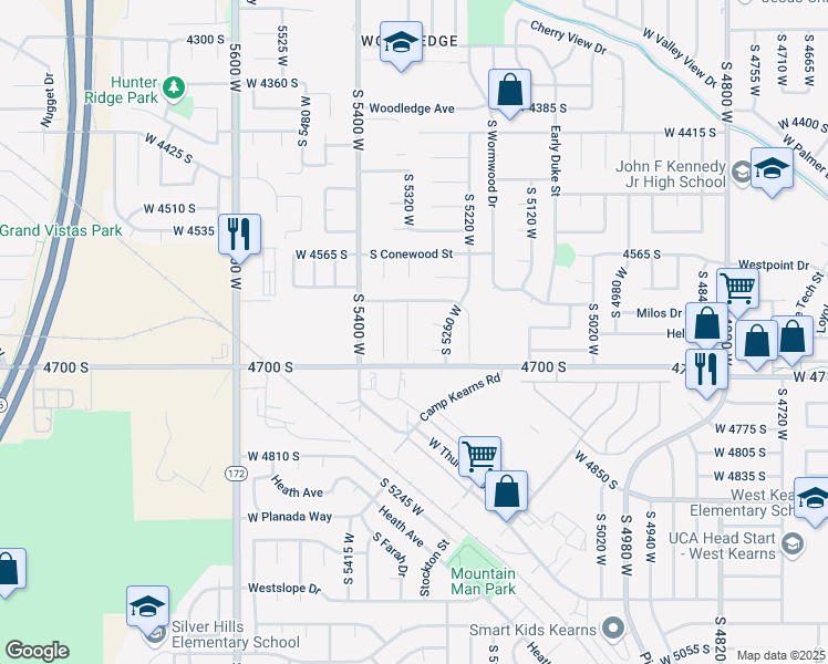 map of restaurants, bars, coffee shops, grocery stores, and more near 4682 Solano Circle in West Valley City
