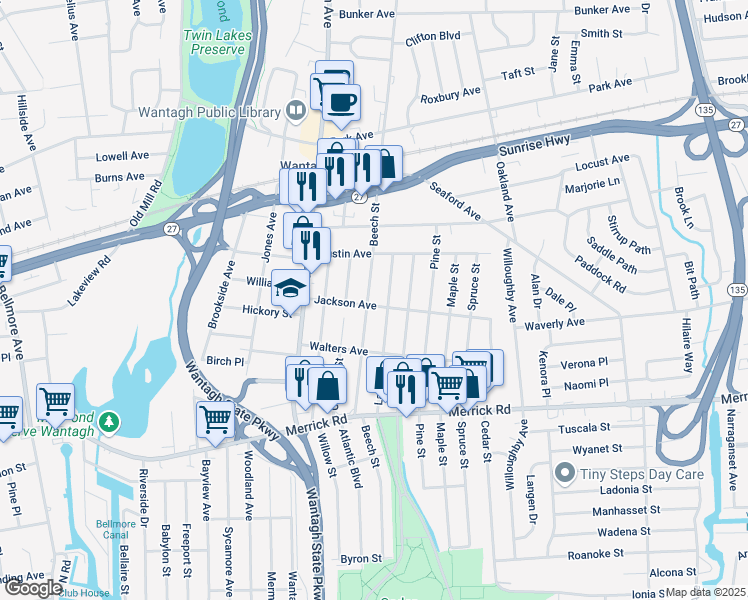 map of restaurants, bars, coffee shops, grocery stores, and more near 2140 Larch Street in Wantagh