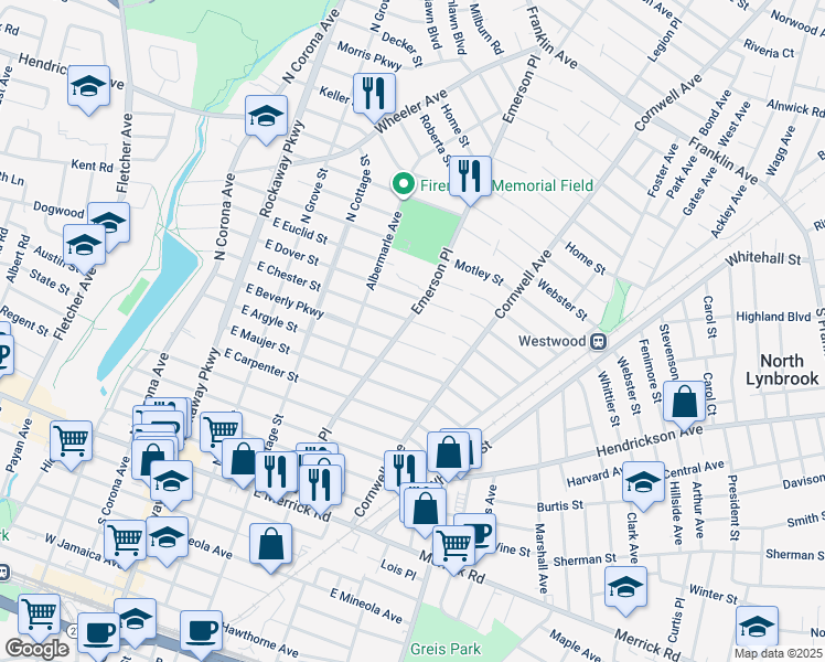 map of restaurants, bars, coffee shops, grocery stores, and more near 168 East Beverly Parkway in Valley Stream
