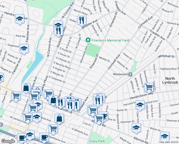 map of restaurants, bars, coffee shops, grocery stores, and more near 168 East Beverly Parkway in Valley Stream