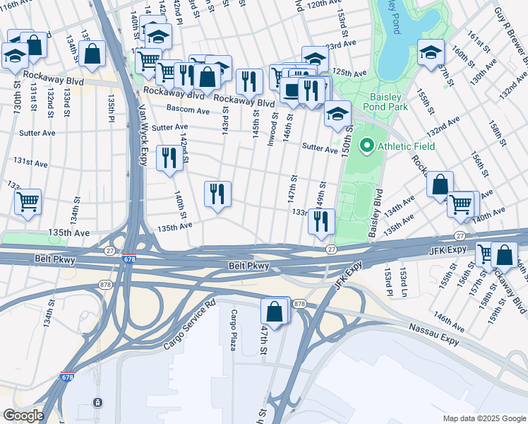 map of restaurants, bars, coffee shops, grocery stores, and more near 133-32 Inwood Street in Queens