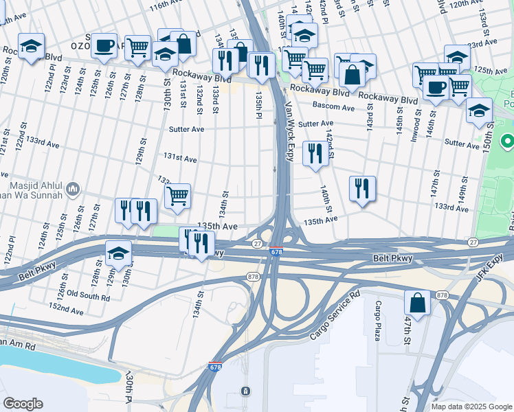 map of restaurants, bars, coffee shops, grocery stores, and more near 133-32 135th Place in Queens