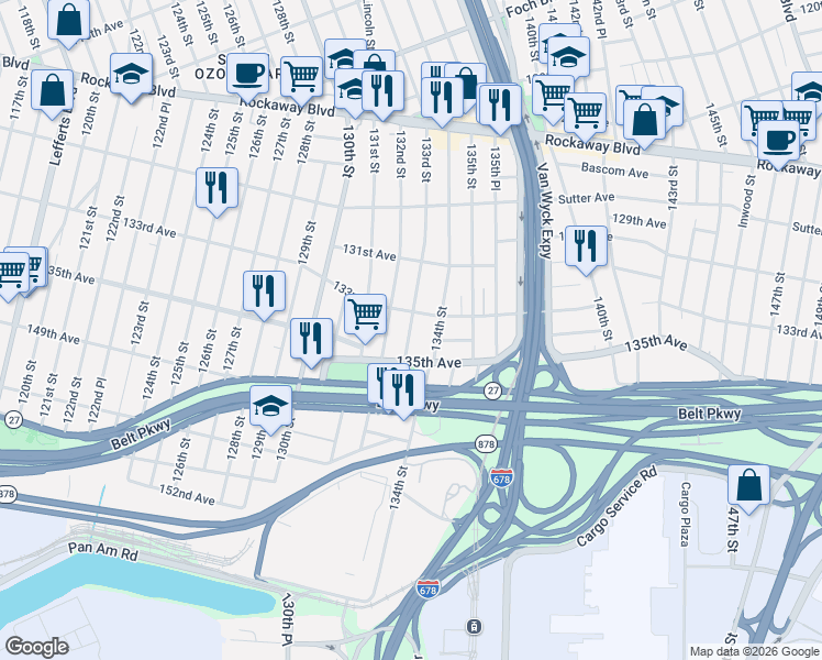 map of restaurants, bars, coffee shops, grocery stores, and more near 133-07 135th Avenue in Queens