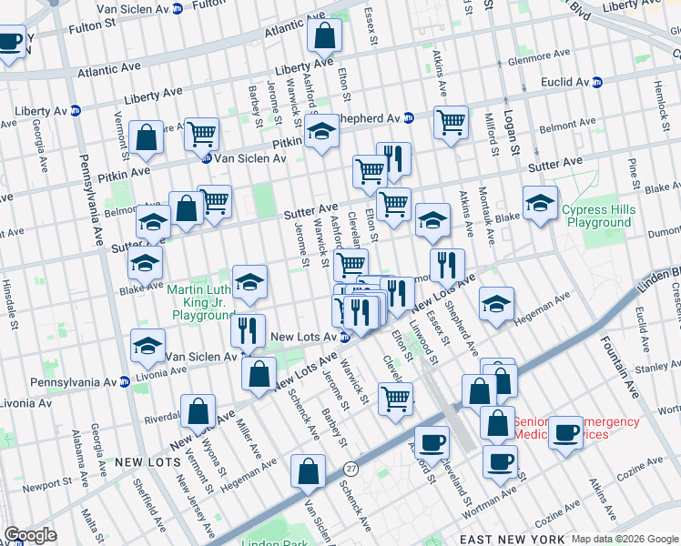 map of restaurants, bars, coffee shops, grocery stores, and more near 937 Dumont Avenue in Brooklyn