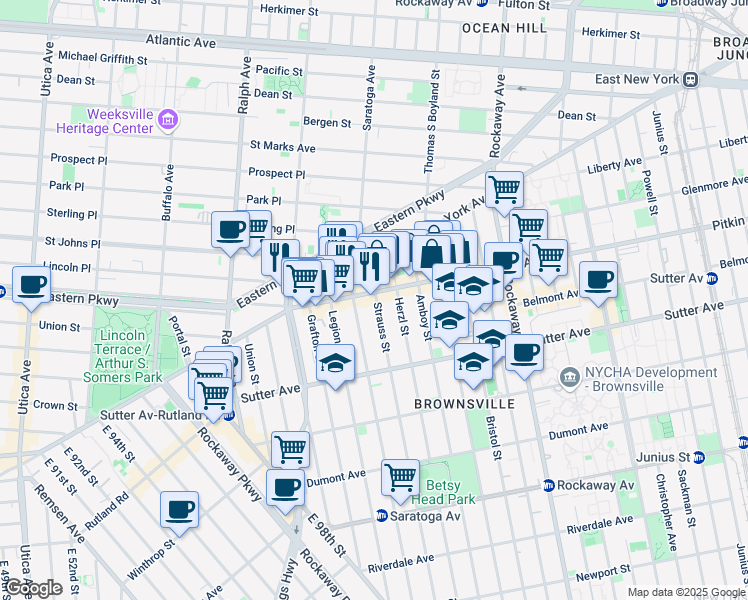 map of restaurants, bars, coffee shops, grocery stores, and more near 529 Saratoga Avenue in Brooklyn