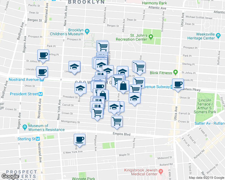 map of restaurants, bars, coffee shops, grocery stores, and more near 1441 President Street in Brooklyn
