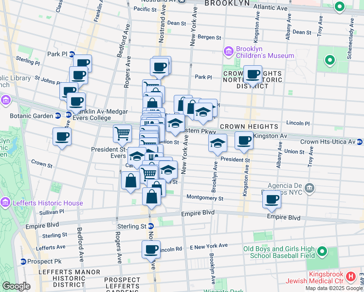 map of restaurants, bars, coffee shops, grocery stores, and more near 1247 President Street in Brooklyn