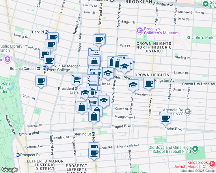 map of restaurants, bars, coffee shops, grocery stores, and more near 1247 President Street in Brooklyn