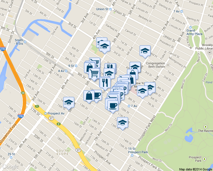 map of restaurants, bars, coffee shops, grocery stores, and more near 393 9th Street in Brooklyn