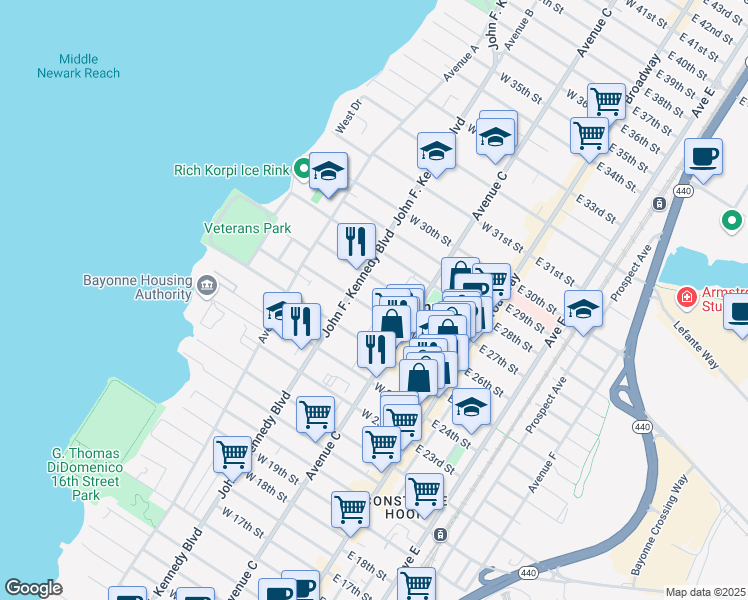 map of restaurants, bars, coffee shops, grocery stores, and more near 80 West 26th Street in Bayonne
