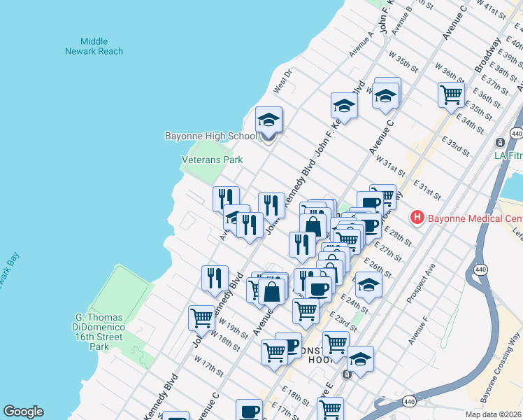 map of restaurants, bars, coffee shops, grocery stores, and more near 124 West 25th Street in Bayonne