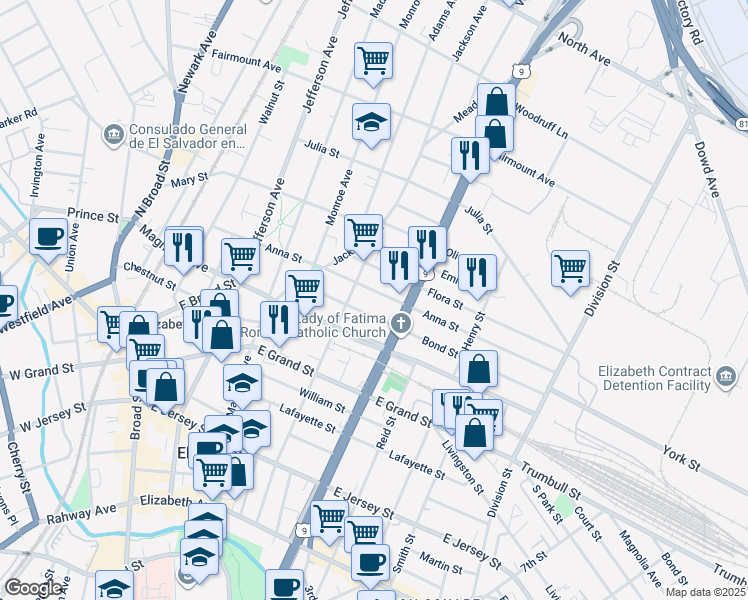 map of restaurants, bars, coffee shops, grocery stores, and more near 1026 Bond Street in Elizabeth