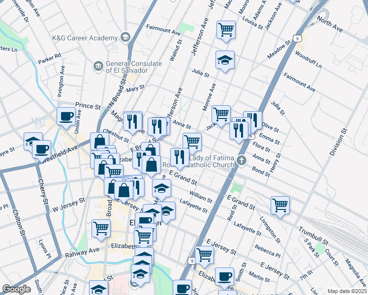 map of restaurants, bars, coffee shops, grocery stores, and more near 1080 Magnolia Avenue in Elizabeth