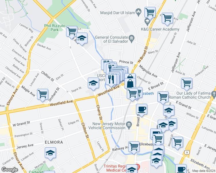 map of restaurants, bars, coffee shops, grocery stores, and more near 73 Westfield Avenue in Elizabeth
