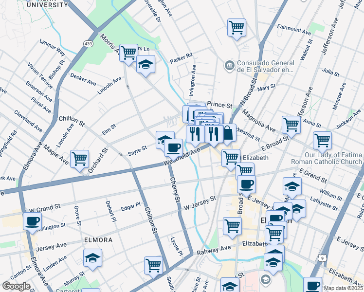 map of restaurants, bars, coffee shops, grocery stores, and more near 73 Westfield Avenue in Elizabeth