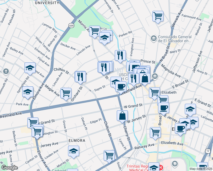 map of restaurants, bars, coffee shops, grocery stores, and more near 128 Sayre Street in Elizabeth