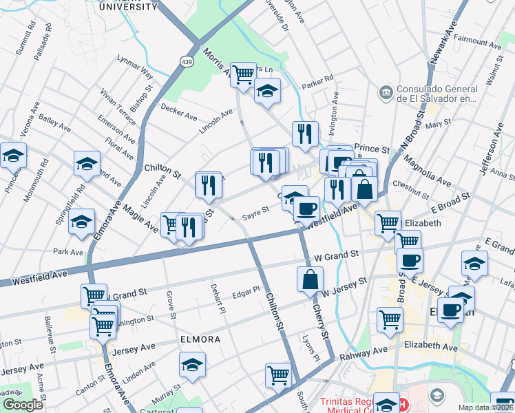 map of restaurants, bars, coffee shops, grocery stores, and more near 158 Sayre Street in Elizabeth