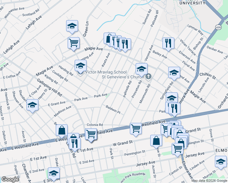 map of restaurants, bars, coffee shops, grocery stores, and more near 85 Hillside Road in Elizabeth