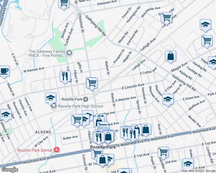 map of restaurants, bars, coffee shops, grocery stores, and more near 40 East Lincoln Avenue in Cranford