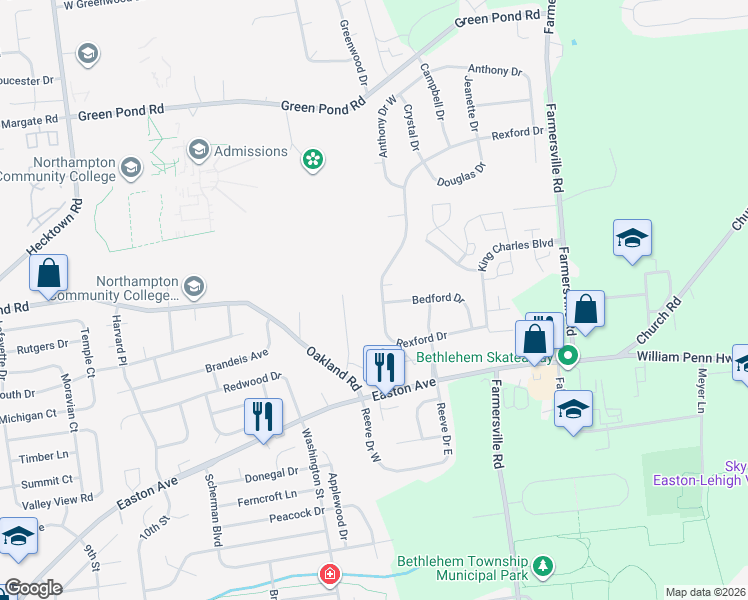 map of restaurants, bars, coffee shops, grocery stores, and more near 4137 Rexford Drive in Bethlehem