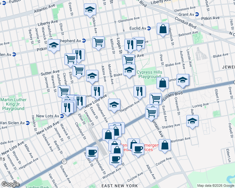 map of restaurants, bars, coffee shops, grocery stores, and more near 410 Montauk Avenue in Brooklyn