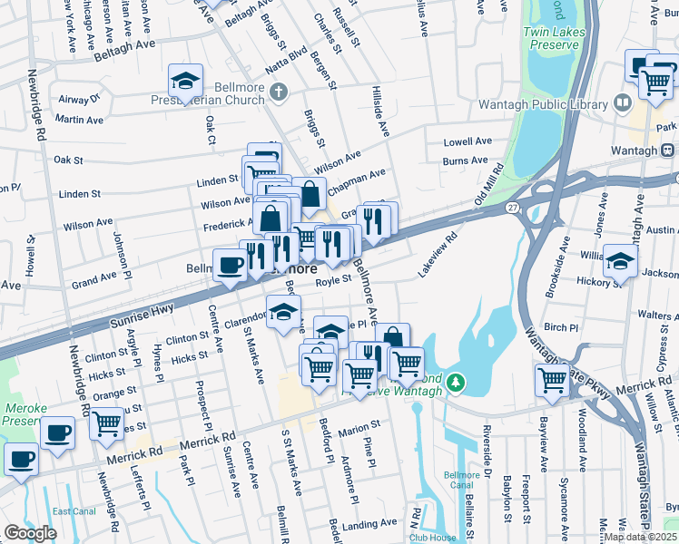 map of restaurants, bars, coffee shops, grocery stores, and more near 2800 Royle Street in Bellmore