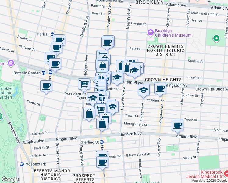 map of restaurants, bars, coffee shops, grocery stores, and more near 1247 President Street in Brooklyn
