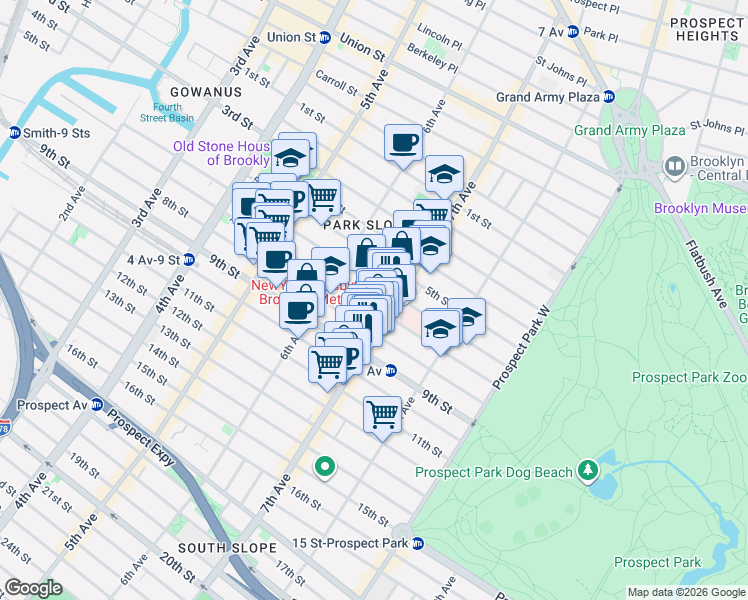 map of restaurants, bars, coffee shops, grocery stores, and more near 409 8th Street in Brooklyn