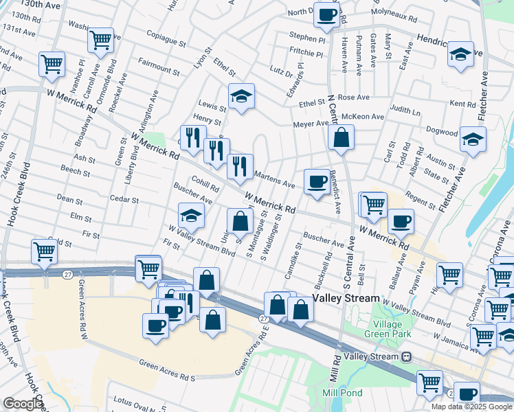 map of restaurants, bars, coffee shops, grocery stores, and more near 27 South Terrace Place in Valley Stream