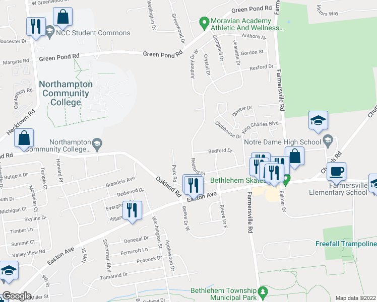 map of restaurants, bars, coffee shops, grocery stores, and more near 4137 Rexford Drive in Bethlehem