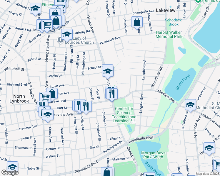 map of restaurants, bars, coffee shops, grocery stores, and more near 75 Ocean Avenue in Malverne