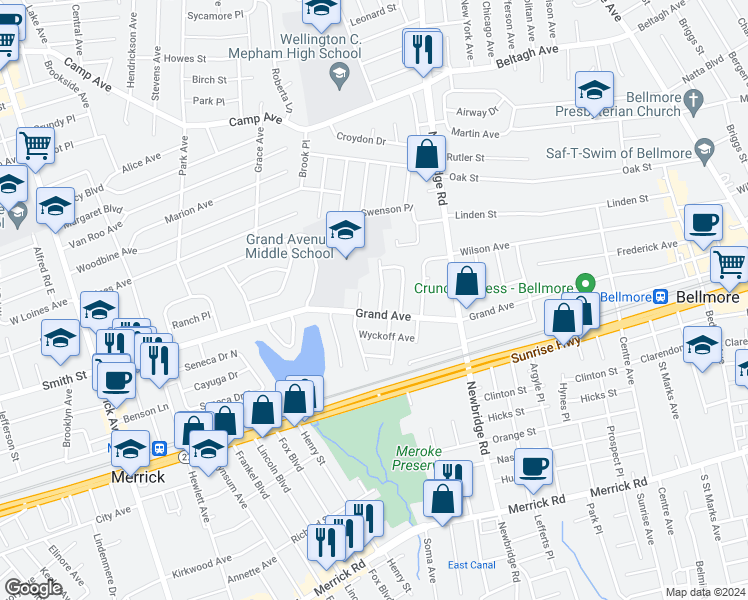 map of restaurants, bars, coffee shops, grocery stores, and more near 2174 Howard Place in Bellmore