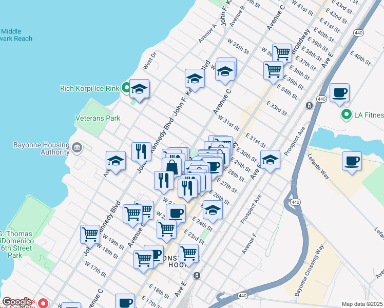 map of restaurants, bars, coffee shops, grocery stores, and more near 630 Avenue C in Bayonne