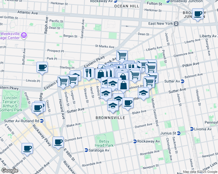 map of restaurants, bars, coffee shops, grocery stores, and more near 102 Bristol Street in Brooklyn