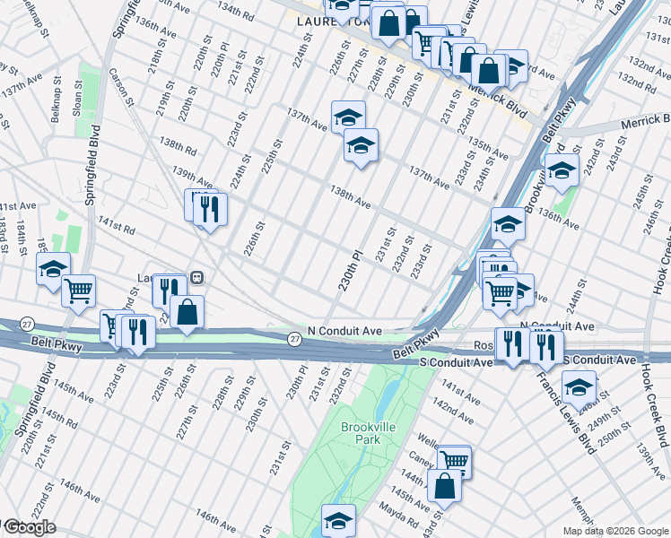 map of restaurants, bars, coffee shops, grocery stores, and more near 139-44 230th Place in Queens