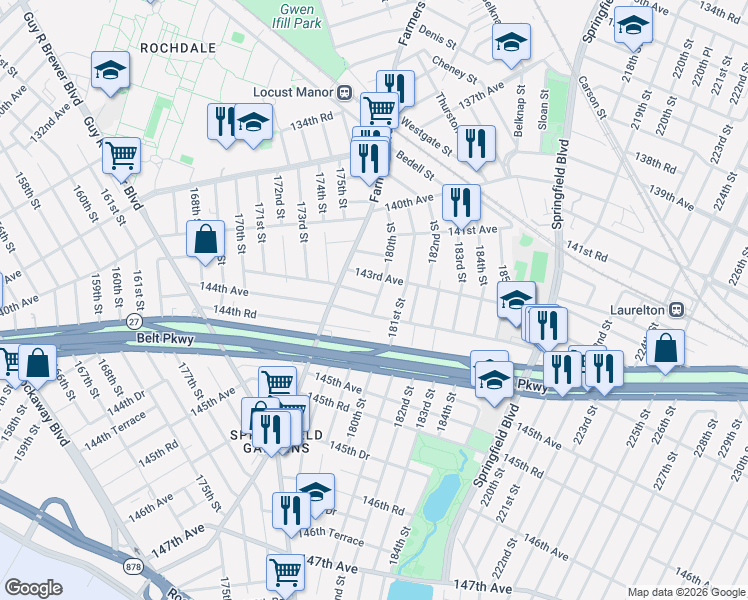 map of restaurants, bars, coffee shops, grocery stores, and more near 180-14 144th Avenue in Queens