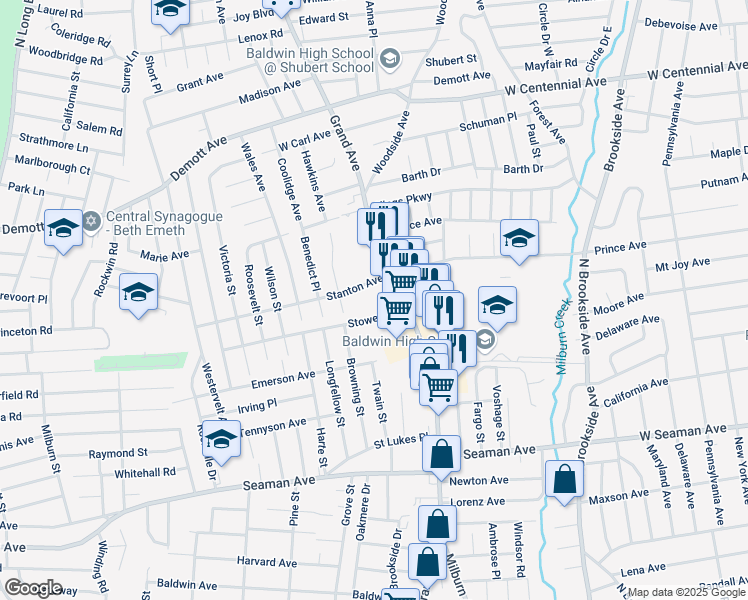 map of restaurants, bars, coffee shops, grocery stores, and more near 711 Stowe Avenue in Baldwin